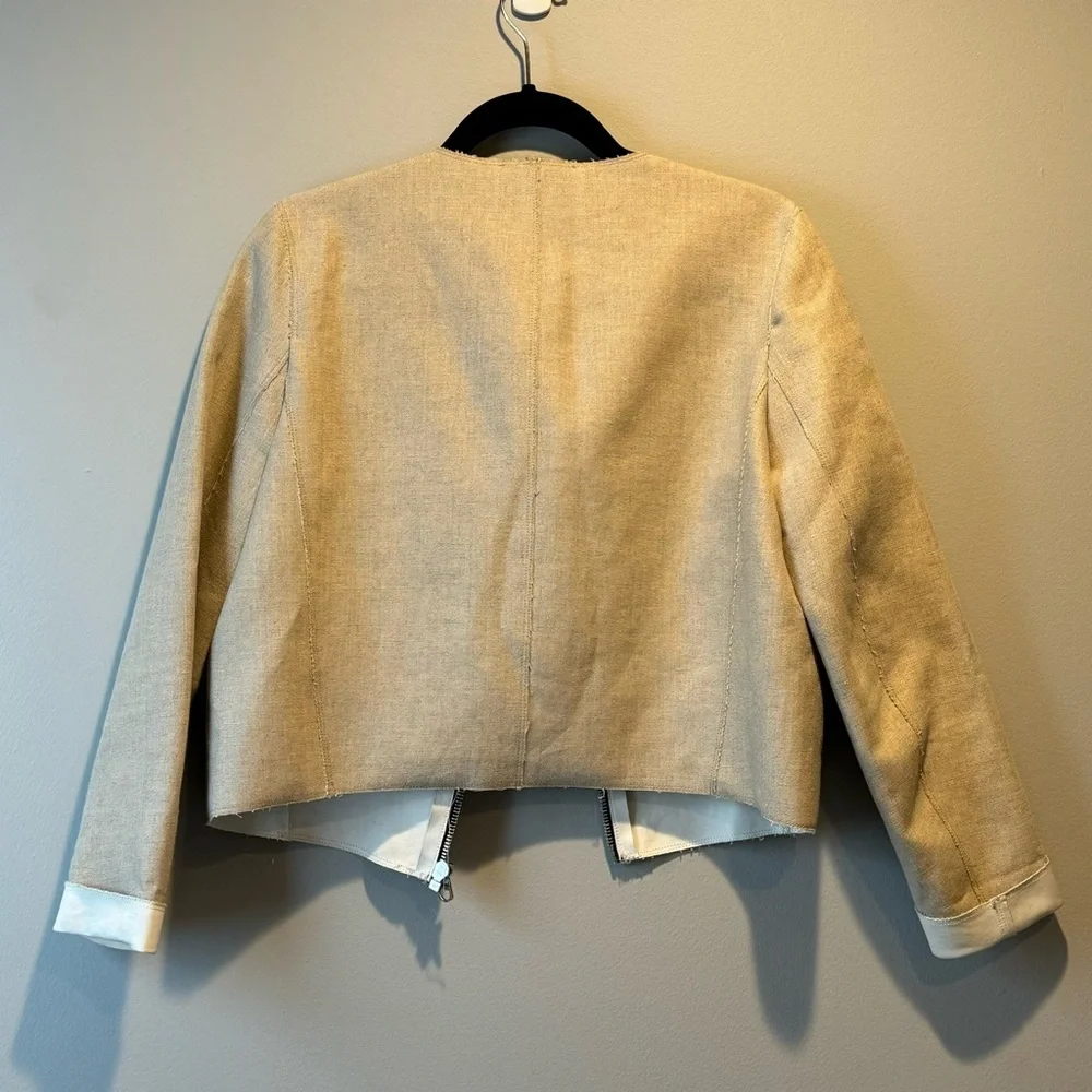 Sandro Beige Linen + Black Leather Pocket Jacket